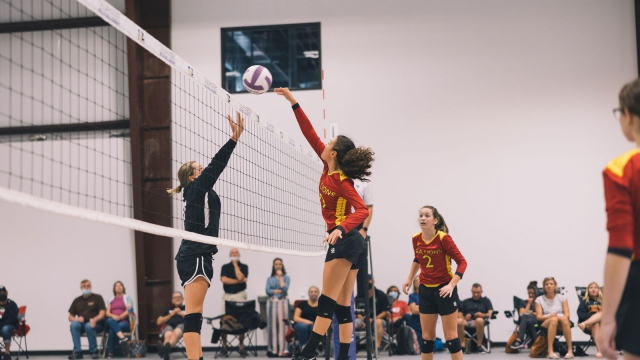 volleyball player spiking ball over the net